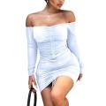 Women  Off Shoulder Ruched Dress Fashion Long Sleeve Off Shoulder Dress for Women Ladies. 