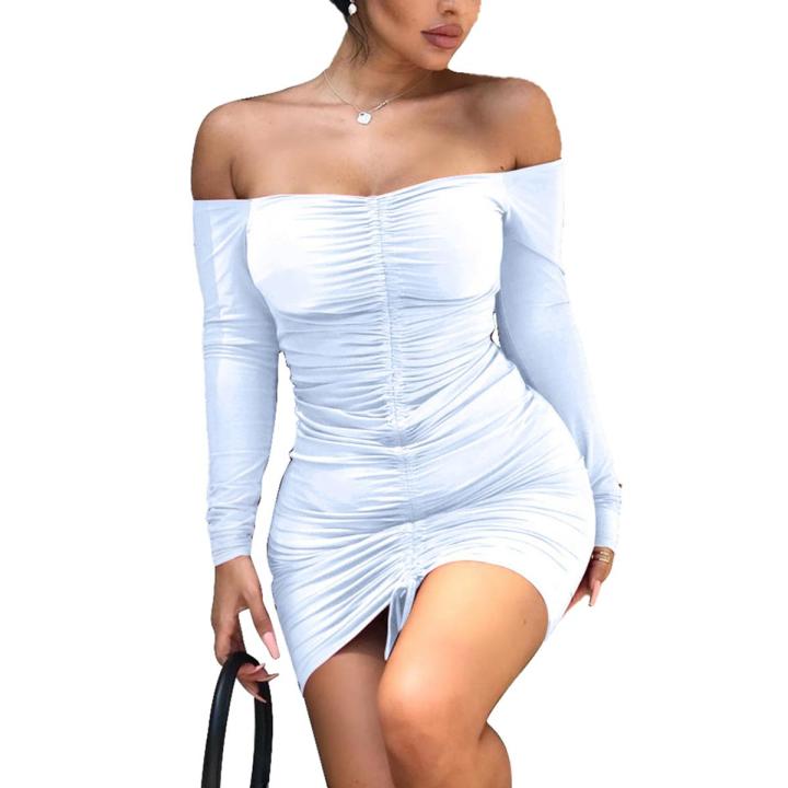 Women  Off Shoulder Ruched Dress Fashion Long Sleeve Off Shoulder Dress for Women Ladies