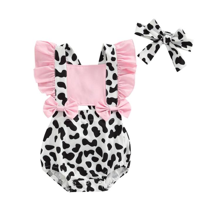 Summer Baby Girls Romper, Infant Sweet Style Cow Print Splicing