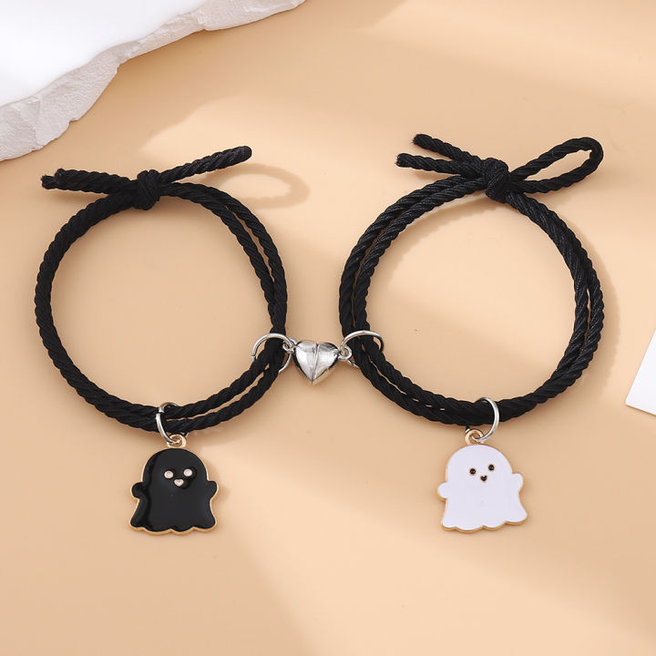 2Pcs/Set Ghost Braided Bracelet For Lovers Long Distance Heart Magnet Couple Bracelets Friendship Fashion Jewelry Gift