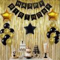 Happy Birthday Decoration Set-(Black & Gold), Black banner, 20 Balloons( Black, Gold), 3 foil stars, Gold Back Curtain. 