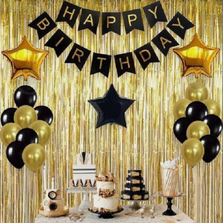 Happy Birthday Decoration Set-(Black & Gold), Black banner, 20 Balloons( Black, Gold), 3 foil stars, Gold Back Curtain