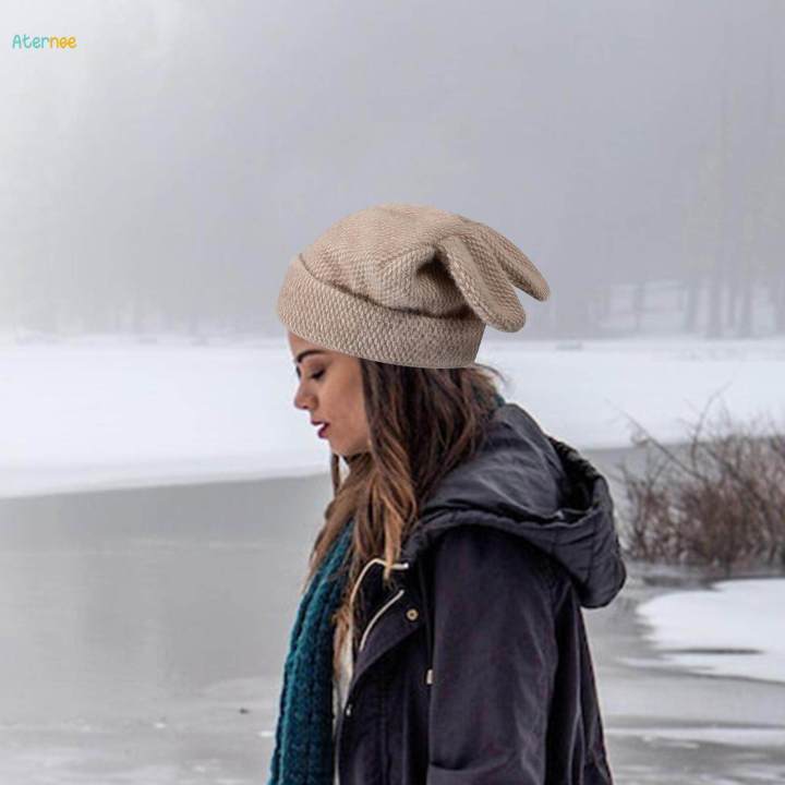 Rabbit Ear Knitted Hat Knit Beanie Casual Winter Cold Cap for Outdoor Hiking Dark Khaki