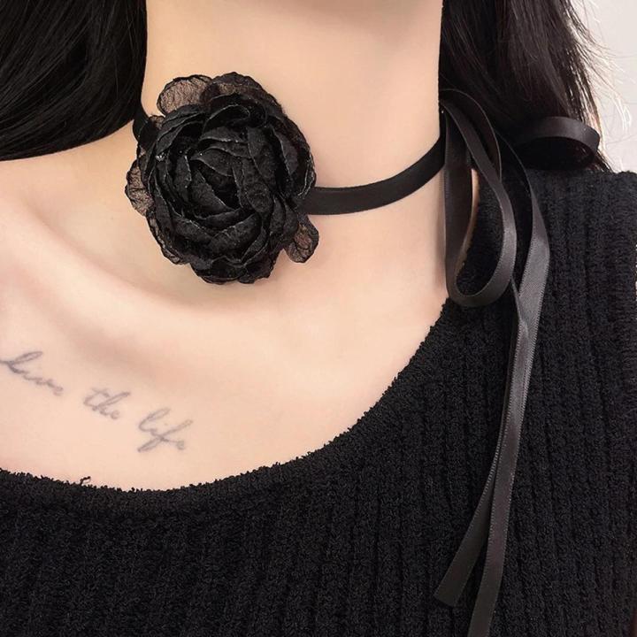 Cool Retro Black Dinner Party Big Flower Lace Choker Collar Neck Band Necklace for Women Girls Jewelry