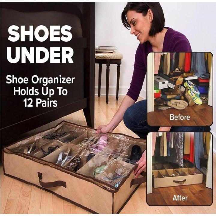 Under Bed Shoe Organizer Bag Foam Fabric Sheet Shoe Organizer with Clear Plastic Zip Cover Store up to 12 Pairs of Shoes Brown 1 Pcs