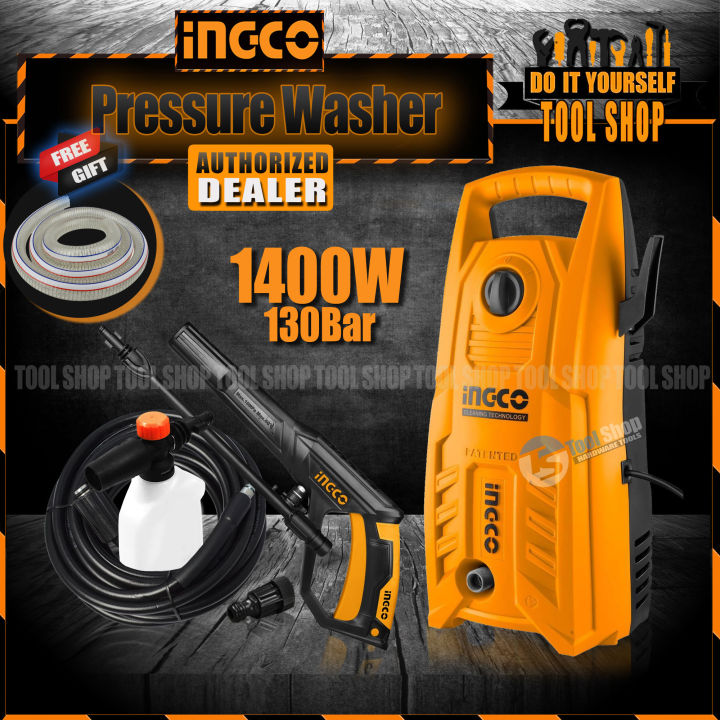 Ingco Original High Pressure Washer 1400W - 130Bar With  Producer Snow, Soap Shampoo Bottle Free 2M Hose PVC Pipe For Inlet Water