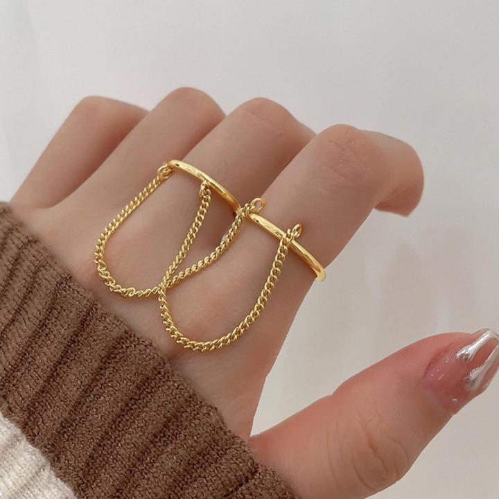 Ring Stackable Geometric Two Layers Chain Double Finger Ring