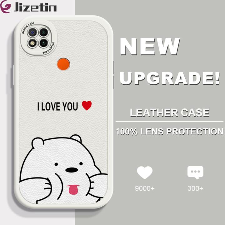 Jizetin for Redmi 9C / Redmi 10A Back Cover Funny Bear Lambskin Texture PU Leather Back For Girls Boys Soft Phone Case