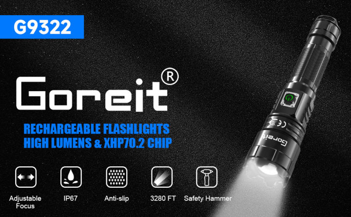 Goreit G9322 Flashlights High Lumens XHP70.2 LED Flash Lights,  Waterproof, Adjustable Focus, with power bank