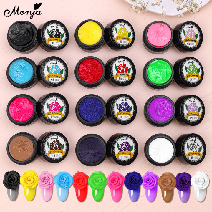 Monja 12 Colors Sculpture Nail Art Painting Gel Flower Bowknot DIY Design 3D Embossment Drawing Plasticine UV Gel Manicure Tool