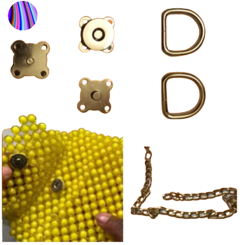 5 PCS SET, ACCESSORIES FOR CRAFTED BEADS BAGS, 2 PCS METAL D RING HEAVY DUTY + 45 INCH BAG STRAP AND 2 PCS/SET MAGNET BUTTON, ACCESSORIES FOR CRAFTED BEADS BAGS, PURCE, CLUTES ARTWORK, ART AND CRAFT AND SEWING CLUTES USE.