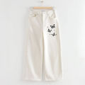 Women’s Printed White Wide Leg Jeans with Butterfly Print, Trendy and Comfortable Denim Baggy Pants for Women. 