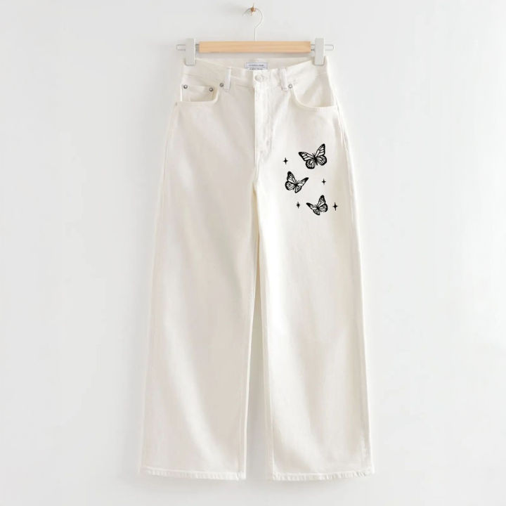 Women's Printed White Wide Leg Jeans with Butterfly Print, Trendy
