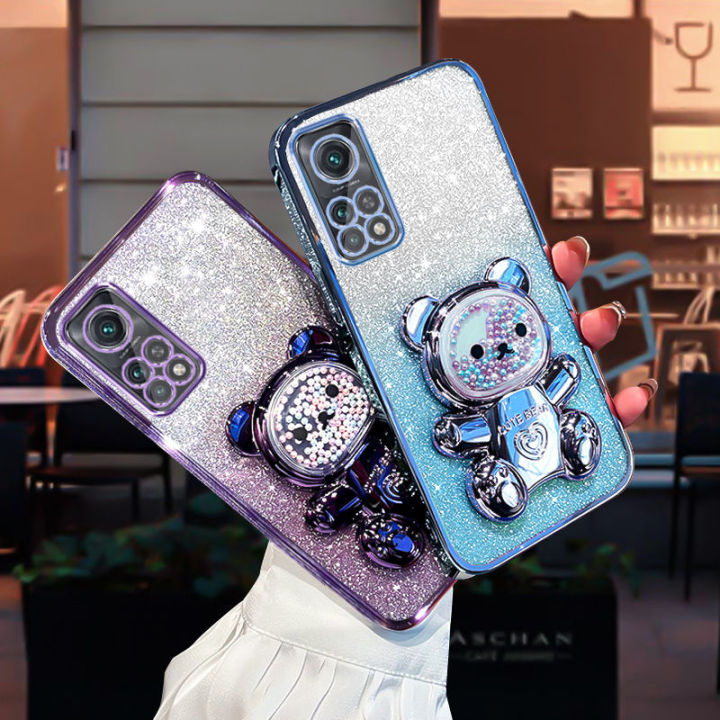 For Xiaomi Mi 10T / 10T Pro Back Cover with 3D Bear Hidden Stand Bracket Luxury 6D Gradient Shiny Plating Glitter Women Phone Case Clear Soft Silicone Protective Cases Pouch Girls