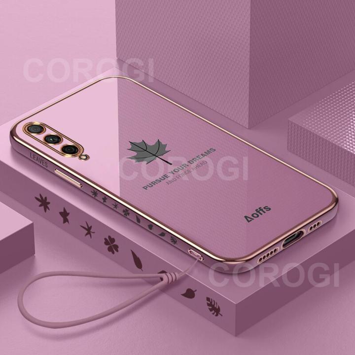 For Samsung Galaxy A30s Cover + Wrist Strap Fashion Shiny Maple leaf Plating Square Bumper Phone Case Soft TPU Silicone Shockproof Protective Back Cover