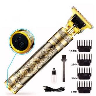 T9 Vintage Professional Hair Trimmer for Men – Retro Dragon Engraved Golden Metal Body – Type-C Rechargeable Cordless Clipper – Close Cut Zero-Gapped Detail Shaver