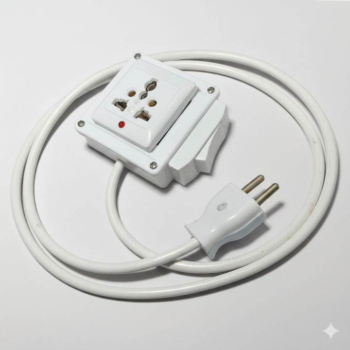Universal 3 pin Socket Extension Board with Flexible Two Core Round Cable and Without Cable