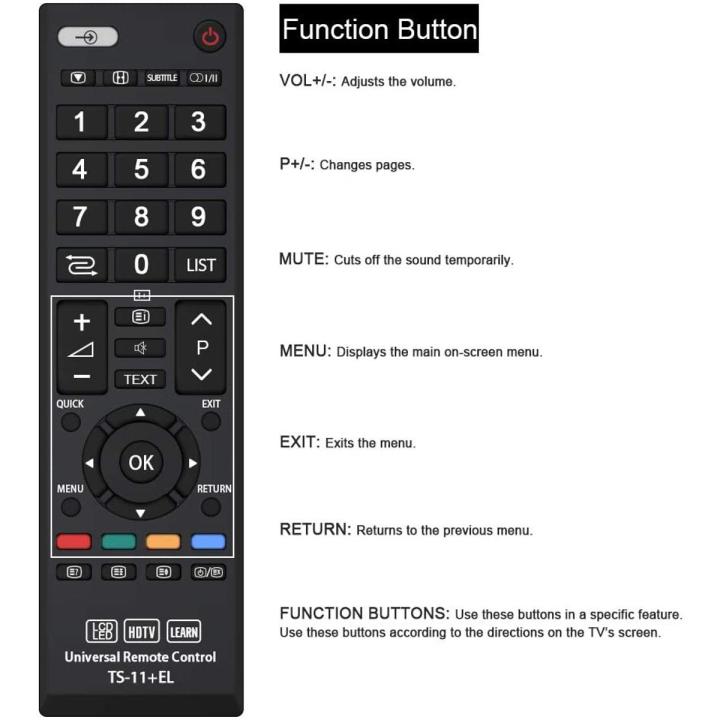 Universal Remote Control VTS-11 Compatible Replacement for Toshiba TV/HDTV/LCD/LED, Applicable CT90327 CT-90327 CT90307 CT-90307 CT90287 CT-90287 CT90273 CT-90273 CT90274