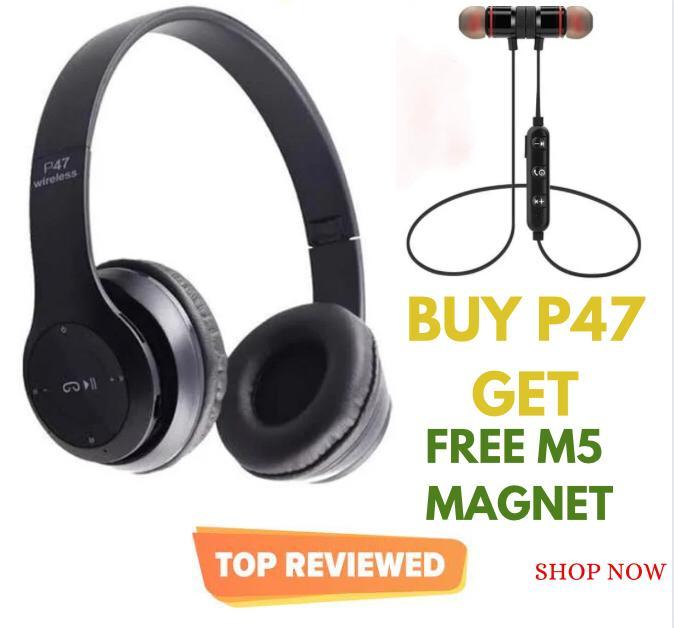 (Buy 1 Get 1 Free) P47 Wireless Headset Bluetooth Foldable Headphone + M5 Magnetic Bluetooth Headset (Connect with All Bluetooth Devices).