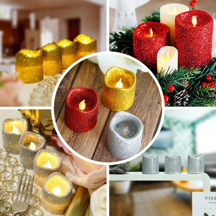 Glitter Flameless Led Candles Battery Operated for Bedroom Decoration (Silver,Golden & Red) Pack of 3
