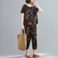 two piece set women Cotton Linen Summer Loose tshirt Lady Tops Shirt and Harem Pants Fashion Letter Print ropa mujer. 