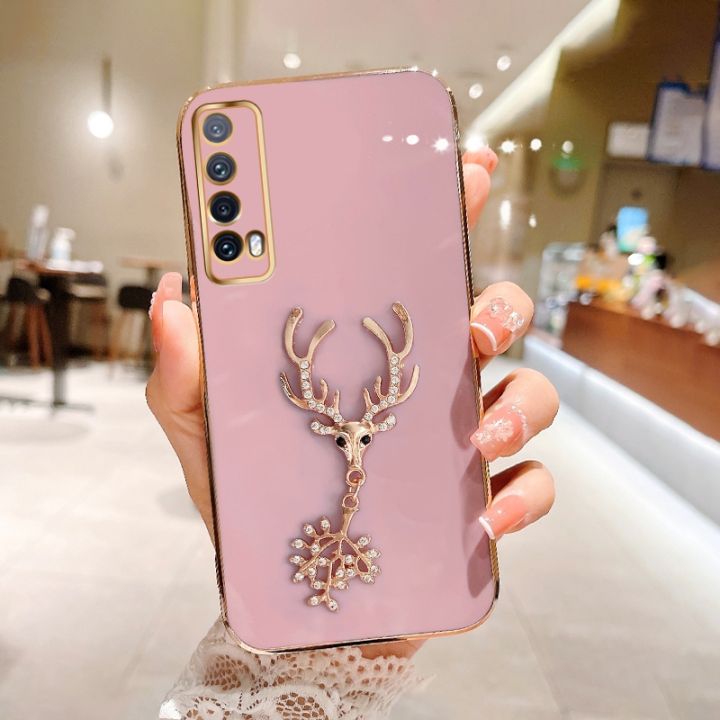 FELMYST Mascot Case For Huawei Y7a 3D Luxury Reindeer Gold Plated  Mobile Phone Casing Square Pendant Inlaid Brick Girl Boy Gift Soft Shockproof Cover Cases