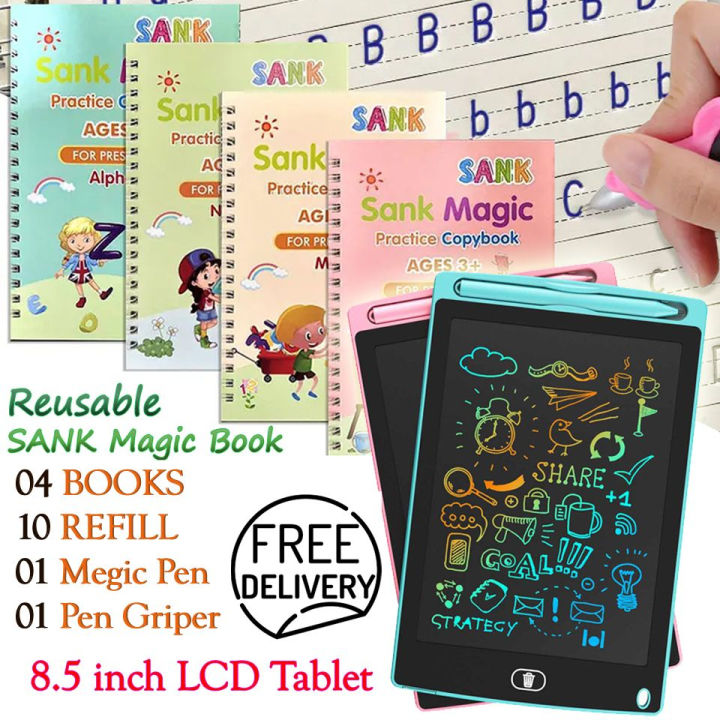 8.5 Inch LCD Writing Tablet with Reusable Magic Book 4Magic Books 1Magic Pen 10Refills 1Grip Sank Montessori Practice Copy Books for kids