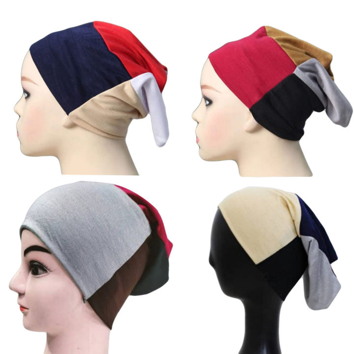 Pack of 1(4 in 1)plain Head scarf inner hijab cap-Muslim hijab cap-Women Islamic underscarf hijab cap in multi colors