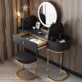 Wooden Dressing Table Set with Mirror, Tufted Stool, Wall Dresser Design, and Drawer Dresser Combo. 
