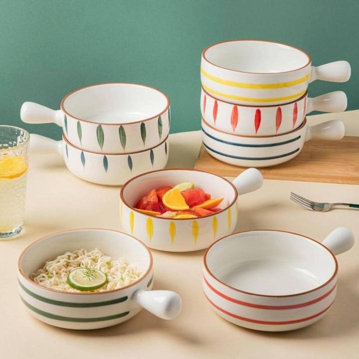 Random Color, Swirl Round Ceramic Serving Bowl with Handle, Soup Bowl, Salad Bowl, Bowl for Snacks, Microwave Safe, Dishwasher Safe (8.2 inch, 500 ml)