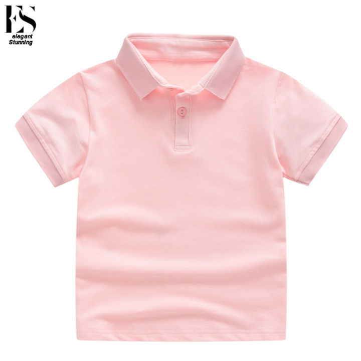 Elegantstunning Boys Lapel Short Sleeves T-shirt Simple Solid Color Tops Summer Cotton Breathable Shirt For 1-10 Years Old Kids