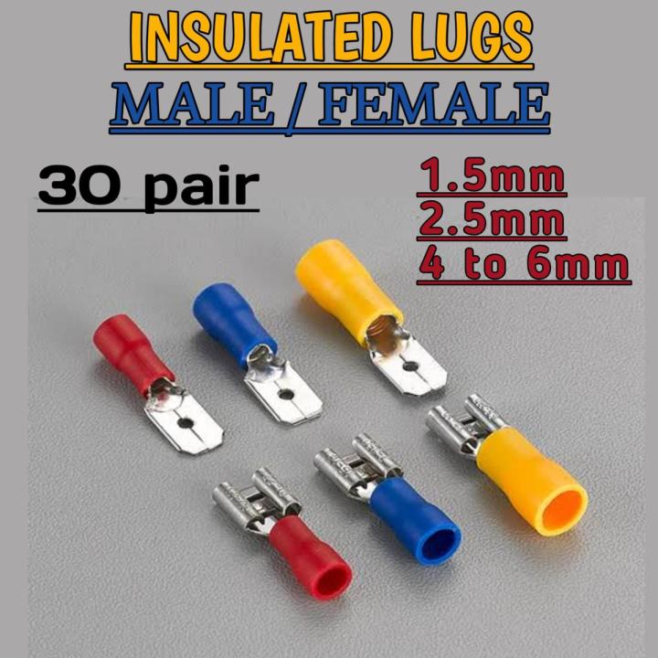 30 pair Male / Female MIX SIZES Insulated lugs Brass, control thimbles, Cable Lugs, Wire Terminals 1.5mm, 2.5mm and 4mm to 6mm , horan type
