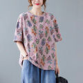 Women Loose Shirt Plus Size Short Sleeves Tops Round Neck Pullover Floral Printing Blouse. 