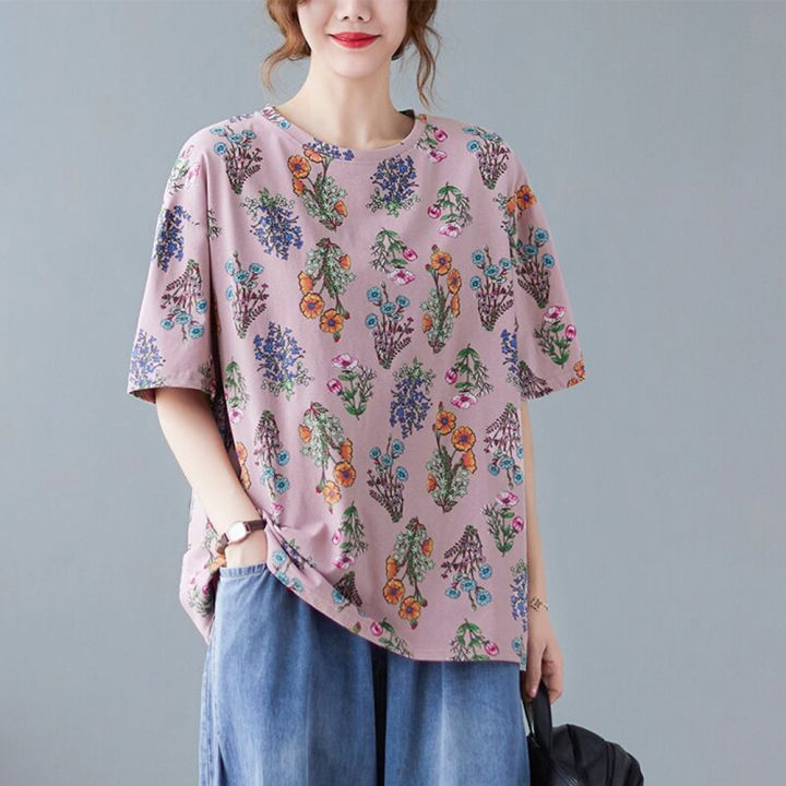 Women%20Loose%20Shirt%20Plus%20Size%20Short%20Sleeves%20Tops%20Round%20Neck%20Pullover%20Floral%20Printing%20Blouse%20-%20Image%205