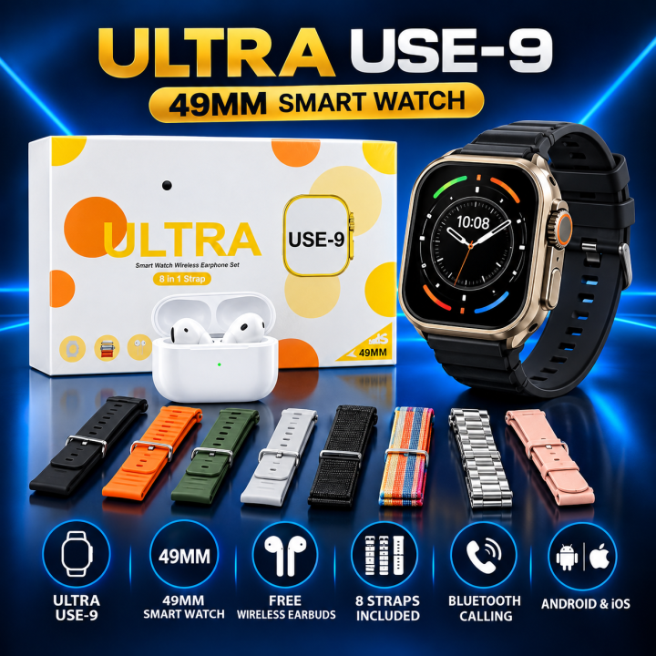 Ultra USE-9 Smart Watch 49mm | Free Wireless Earbuds with 8 Straps | Bluetooth Touchscreen Smartwatch for Men & Women | Fitness Tracker for Android & iOS