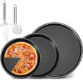 Pizza Pan 3 Pack Round Pizza Board Carbon Steel Pizza Baking Pan Non-Stick Cake Pizza Crisper Server Tray Stand Pizza Stones Tools for Home Kitchen Oven Restaurant Bakeware Pizza Pan Sets With Free Pizza Cutter and Lifter. 