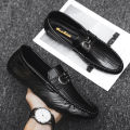 Men's Casual Leather Shoes Formal Low-cut Loafers  Slip-ons Moccasins flat borjan Black. 