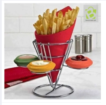 French Fries Cone, French Fries Holder With Metal Rack & 3 Dipping Sauce Containers