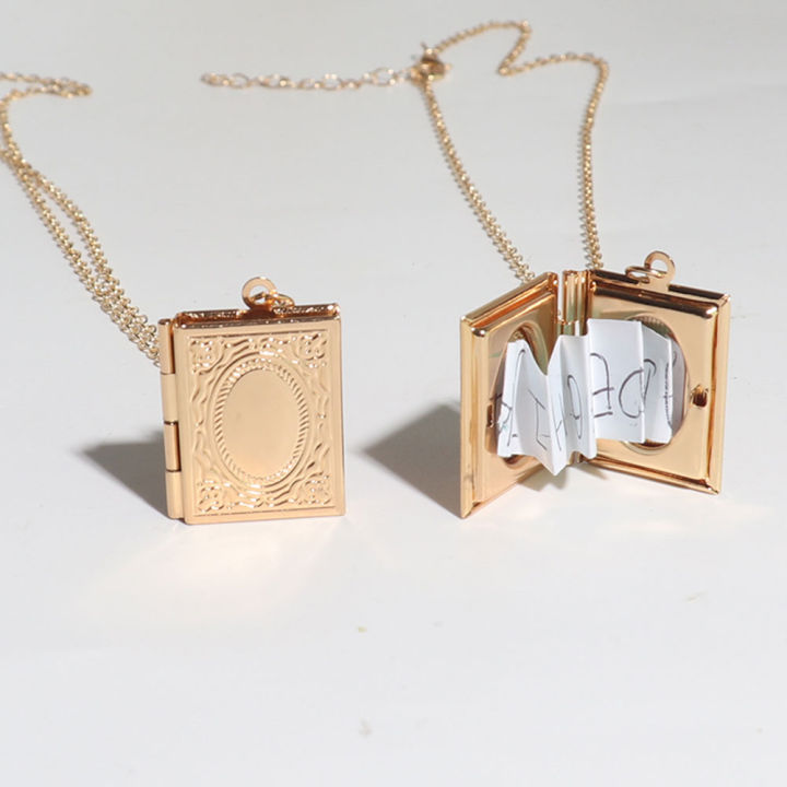 1pc Fashion Carved Vintage Book Locket Necklace Secret Hiding Place Photo Locket Necklace Book Box Photo Locket Pendant Necklace