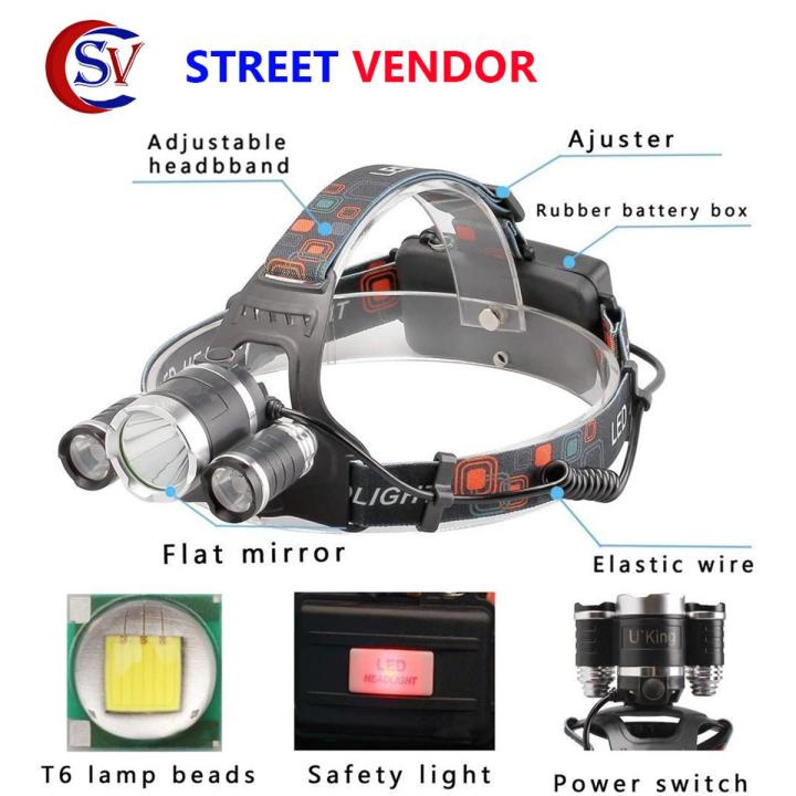 STREET VENDOR Portable mini Zoomable Rechargeable LED Headlamp High Power LED Headlamp with Rechargeable Batteries USB Rechargeable Headlight Waterproof Head Torch Super Bright 3 Led Rechargeable Headlamp - Multicolor