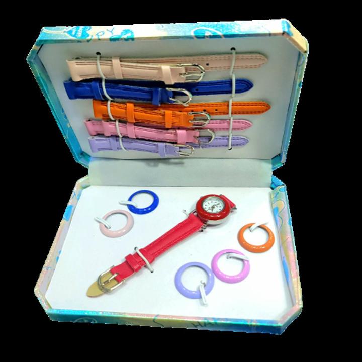 ladies watch with changeable straps in six different colors