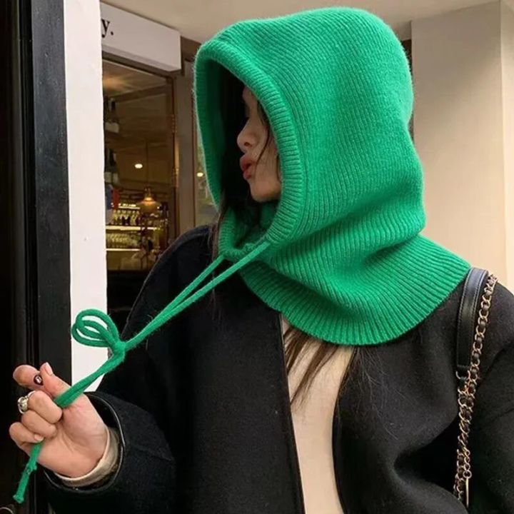 Knitted Hooded Caps Winter Balaclava Hats Women Korean Style Outdoor Warmer Drawstring Hats One-piece Neck Collar Beanies Cap Dinner Ronvsa