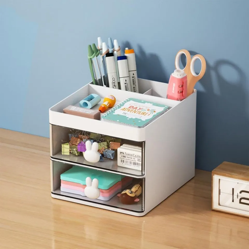 Desk Organizer With Drawer & Pen Holder - Multi-Compartment Storage For Office & Makeup (White)