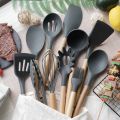 12 Pcs Silicone Cooking Utensils Kitchen Utensil Set - Heat Resistant Non-Toxic BPA Free Spatula Set with Turner Tongs,Spoon,Brush,Whisk-Wooden Handles Kitchen Gadgets Tools Set for Nonstick Cookware Spoon Set Silicon. 