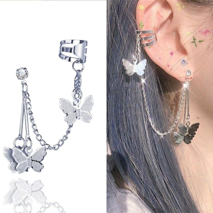 Pair Of Ear Cuff Butterfly Long 8 cm Chain Pin Tassel Silver Color Earrings For Girls & Women