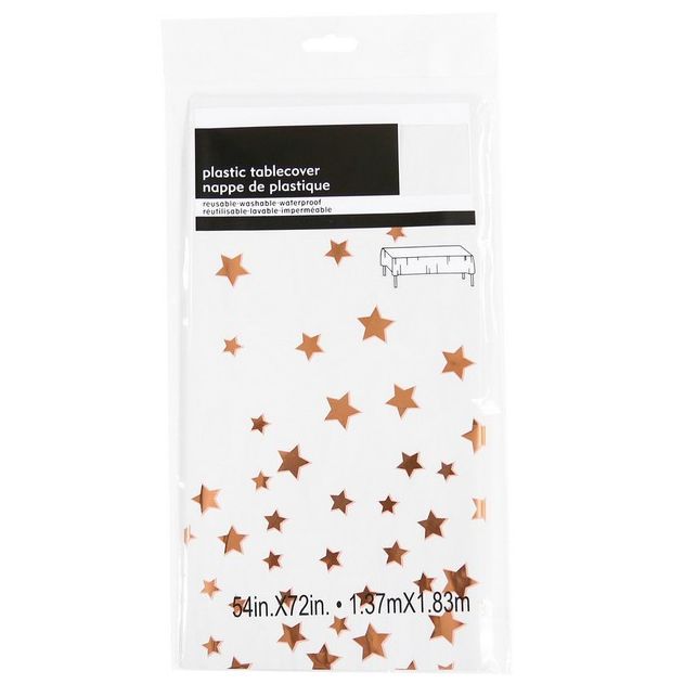 WHITE COLOR WITH ROSE GOLD STARS SHINNY TABLE COVER ( 54 INCH X 72 INCH )