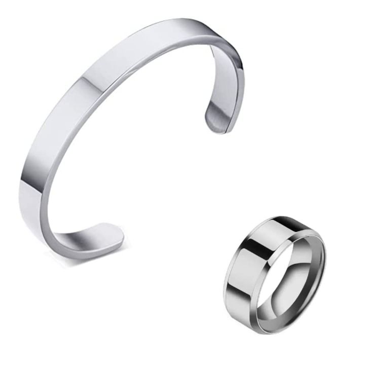 Stainless Steel Open Cuff Bracelet And Ring For Men -Pack Of 2 Pcs