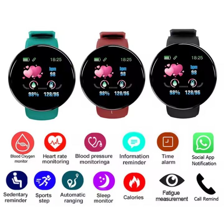 D18 Smartwatch Fitness Tracker - Heart Rate, Blood Pressure, Blood Oxygen Monitor - 1.3" Color Display, Step Counter, Sleep Tracker - IP65 Waterproof, USB Charging, Long Battery - Android iOS Compatible for Men, Women, Kids & Sports