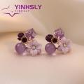 Yinhsly Cubic Zircon Earrings Chic Flower-shaped Cz Stud Earrings for Women Elegant Ear Studs Jewelry Gift for Girls Trendy Style Flower Stud Earrings. 