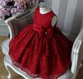 Red fairy frock self embroidered. 